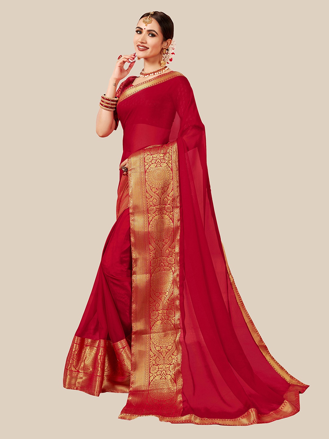 

UNITED LIBERTY Red & Gold-Toned Zari Pure Chiffon Block Print Saree