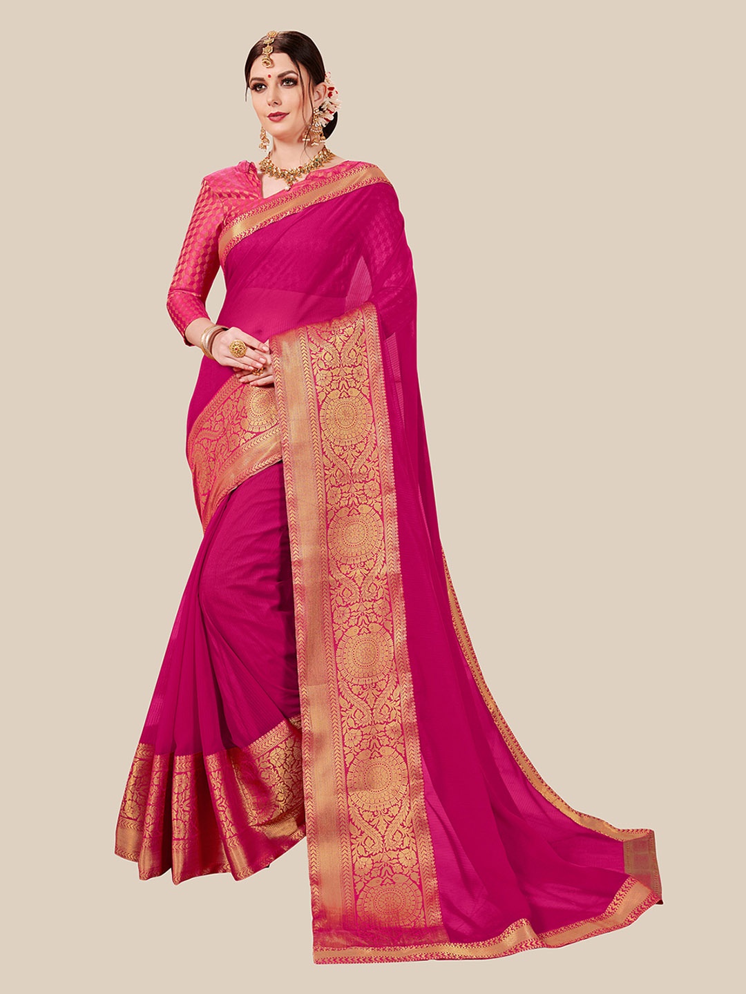 

UNITED LIBERTY Pink & Gold-Toned Jacquard Zari Pure Chiffon Saree