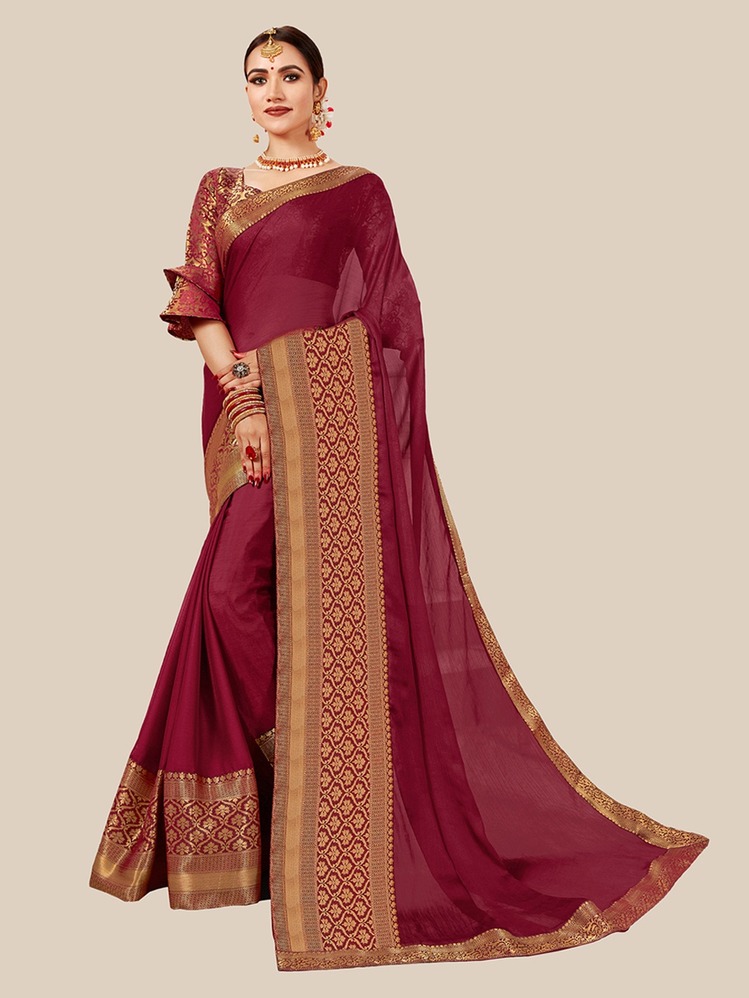 

UNITED LIBERTY Maroon & Gold-Toned Woven Design Zari Pure Chiffon Saree