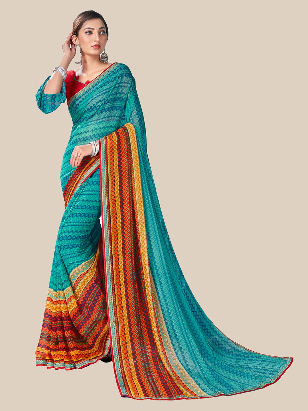 

UNITED LIBERTY Turquoise Blue & Red Zari Pure Georgette Block Print Saree
