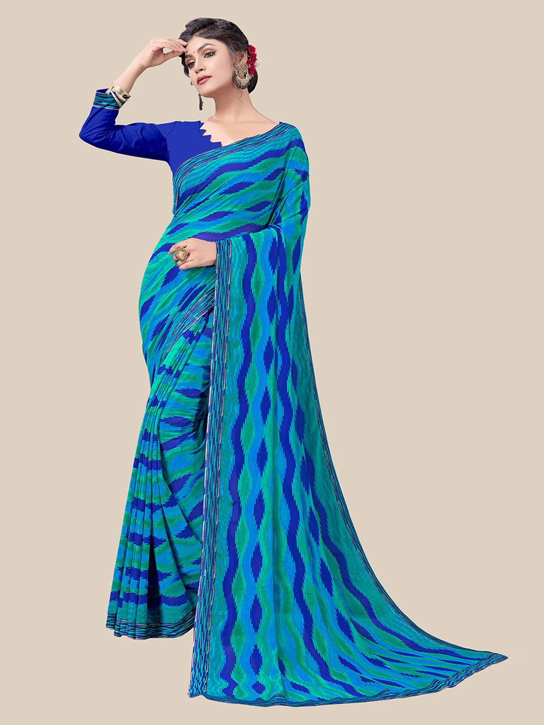 

UNITED LIBERTY Blue & Gold-Toned Zari Pure Georgette Printed Saree