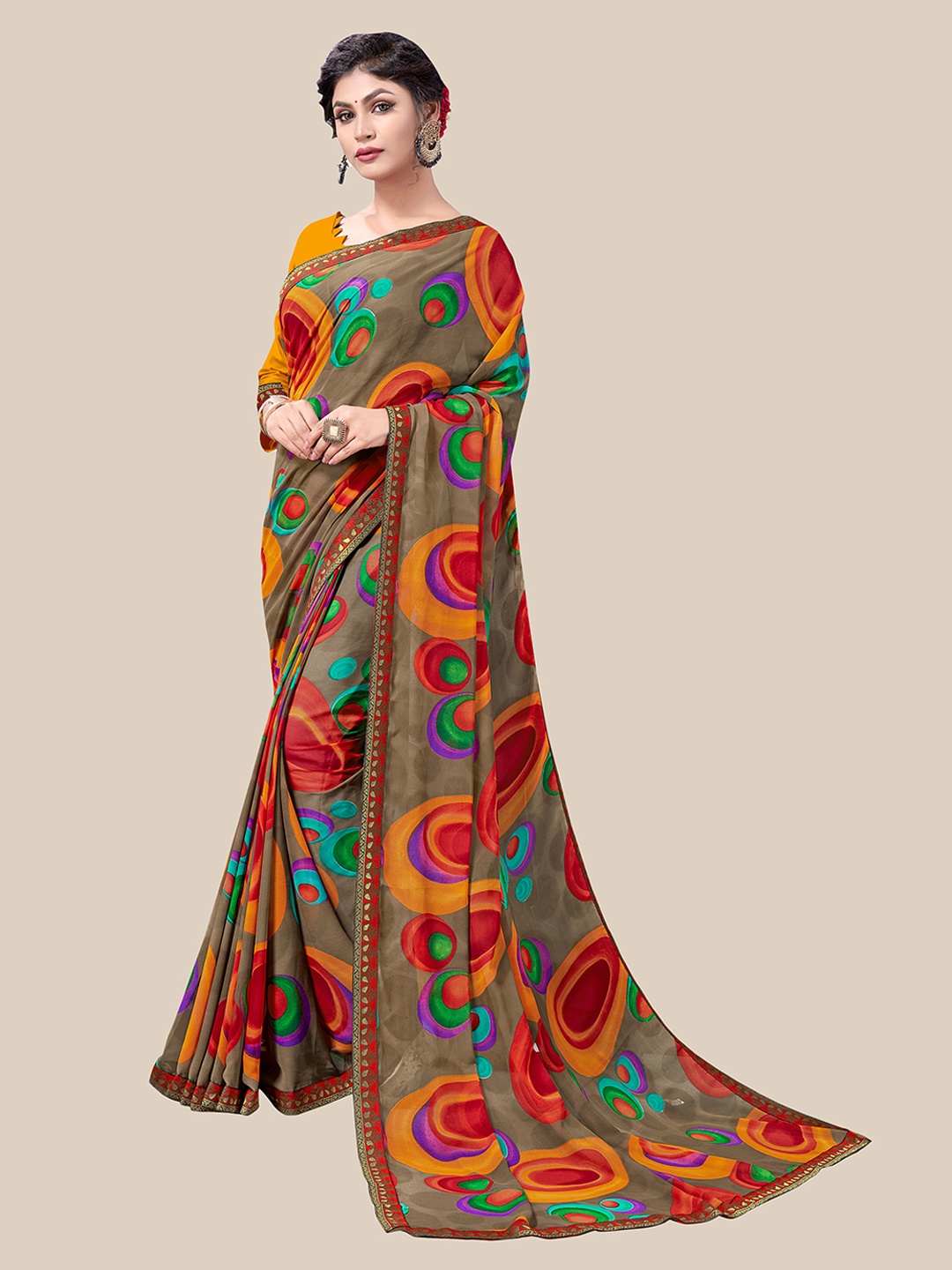 

UNITED LIBERTY Brown & Gold-Toned Floral Zari Pure Georgette Block Print Saree