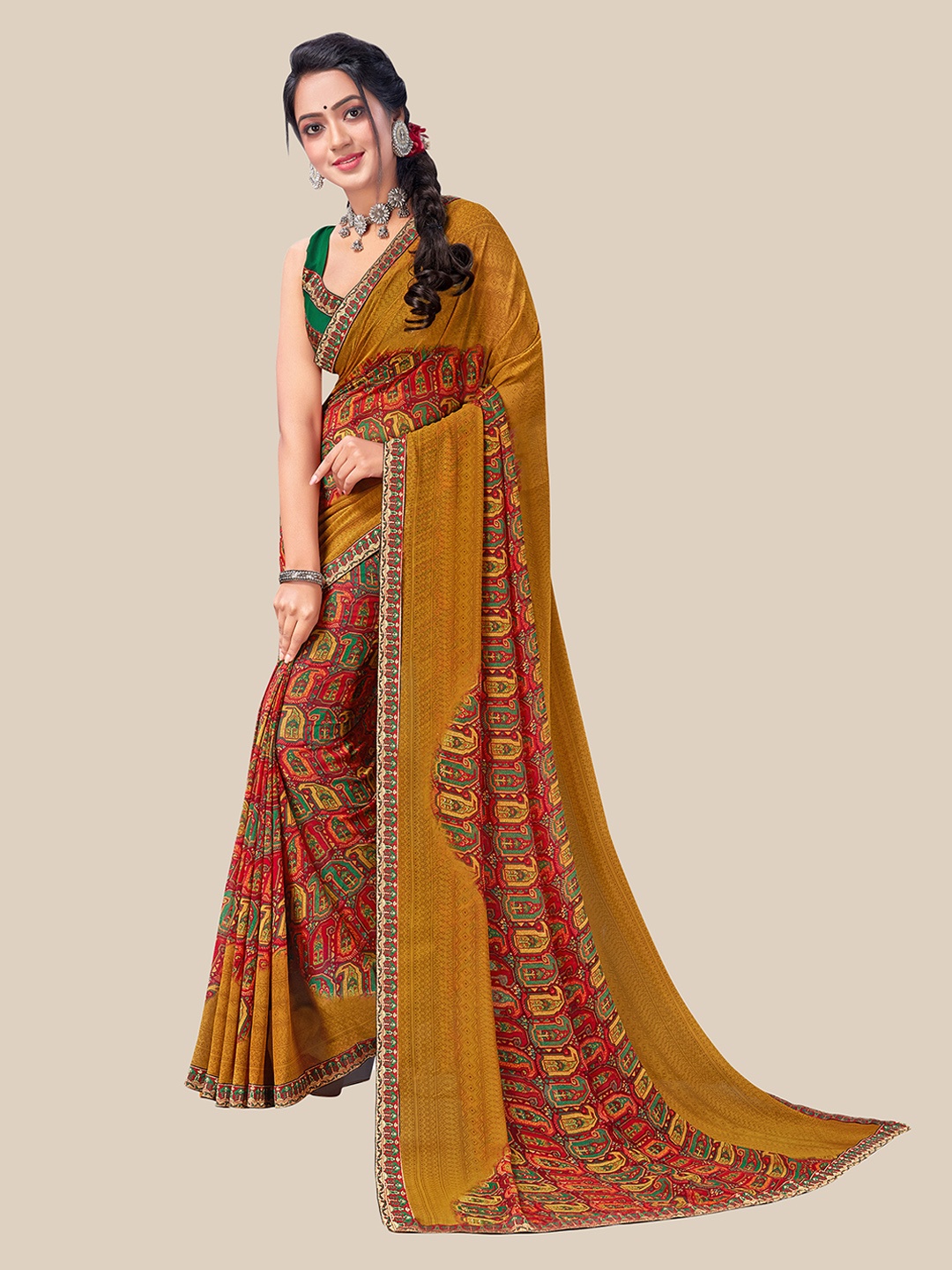 

UNITED LIBERTY Brown & Green Ethnic Motifs Pure Georgette Saree