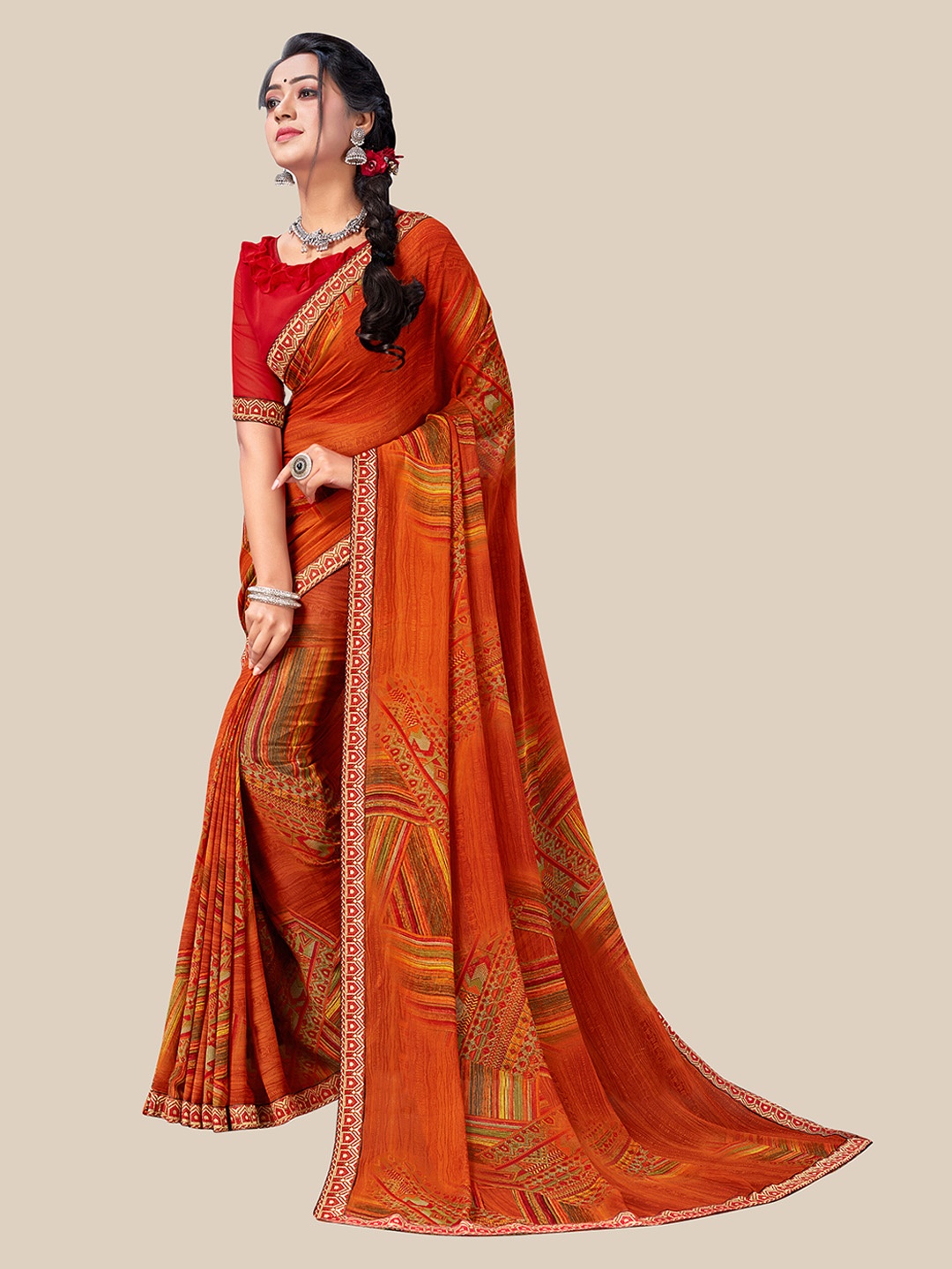 

UNITED LIBERTY Brown & Orange Floral Pure Georgette Saree