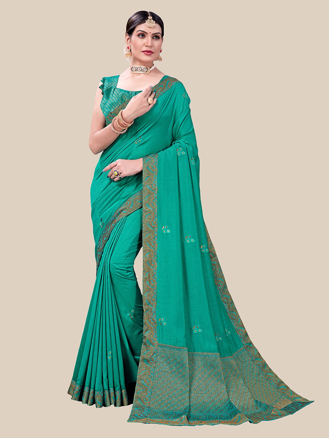 

UNITED LIBERTY Teal & Gold-Toned Floral Embroidered Art Silk Block Print Designer Saree