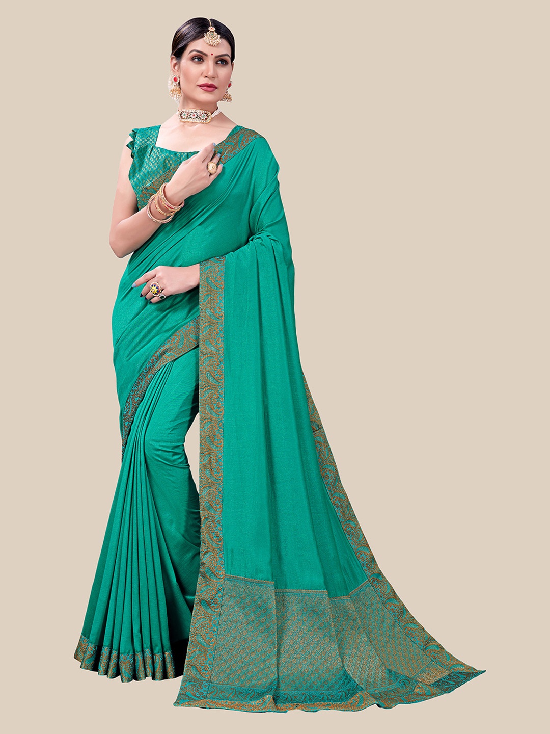 

UNITED LIBERTY Turquoise Blue & Golden Solid Art Silk Saree