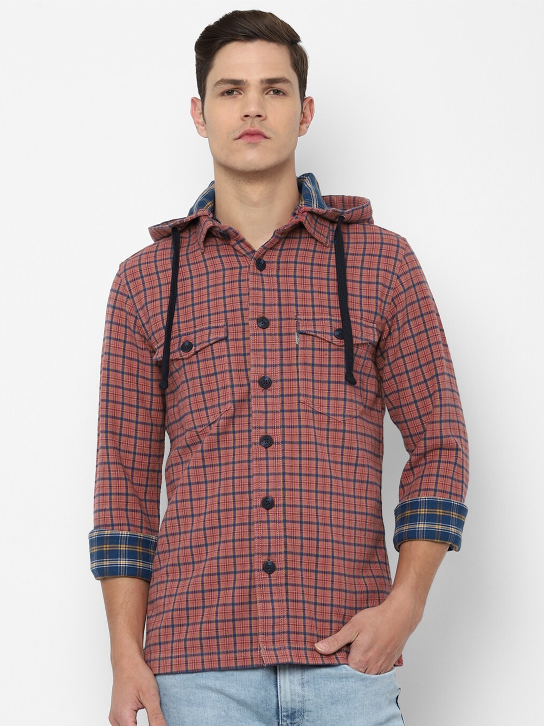 

Louis Philippe Jeans Men Pink Slim Fit Tartan Checks Checked Casual Shirt