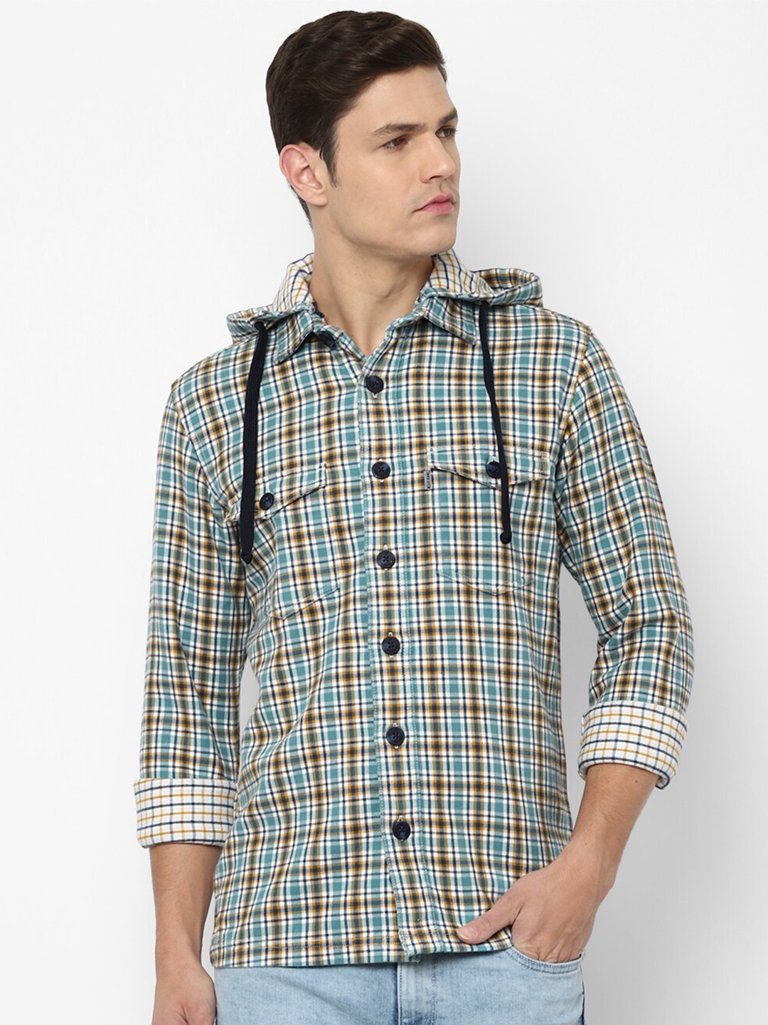 

Louis Philippe Jeans Men Green Slim Fit Tartan Checks Checked Casual Shirt