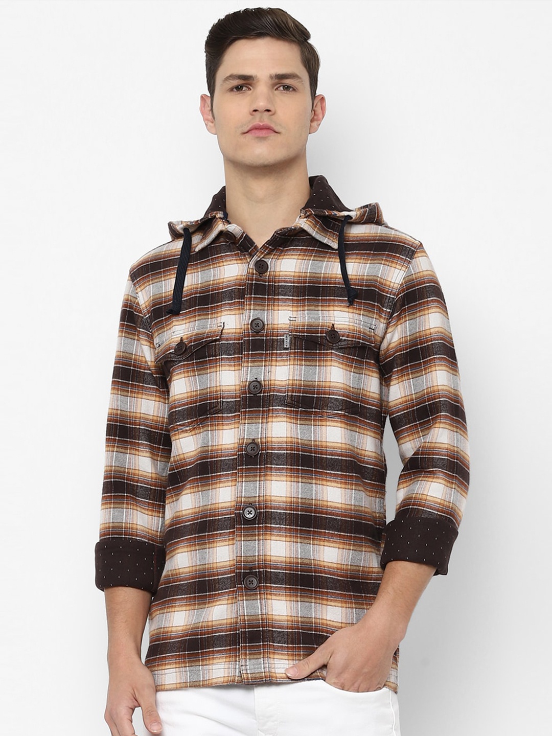 

Louis Philippe Jeans Men Brown & Off White Slim Fit Checked Hooded Casual Shirt