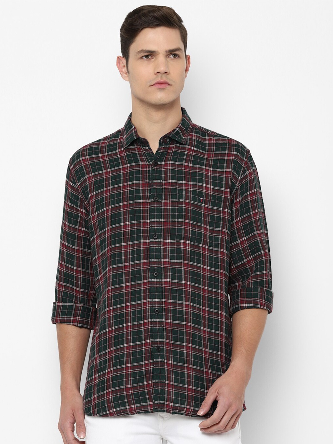 

Louis Philippe Jeans Men Green Slim Fit Tartan Checks Checked Linen Casual Shirt