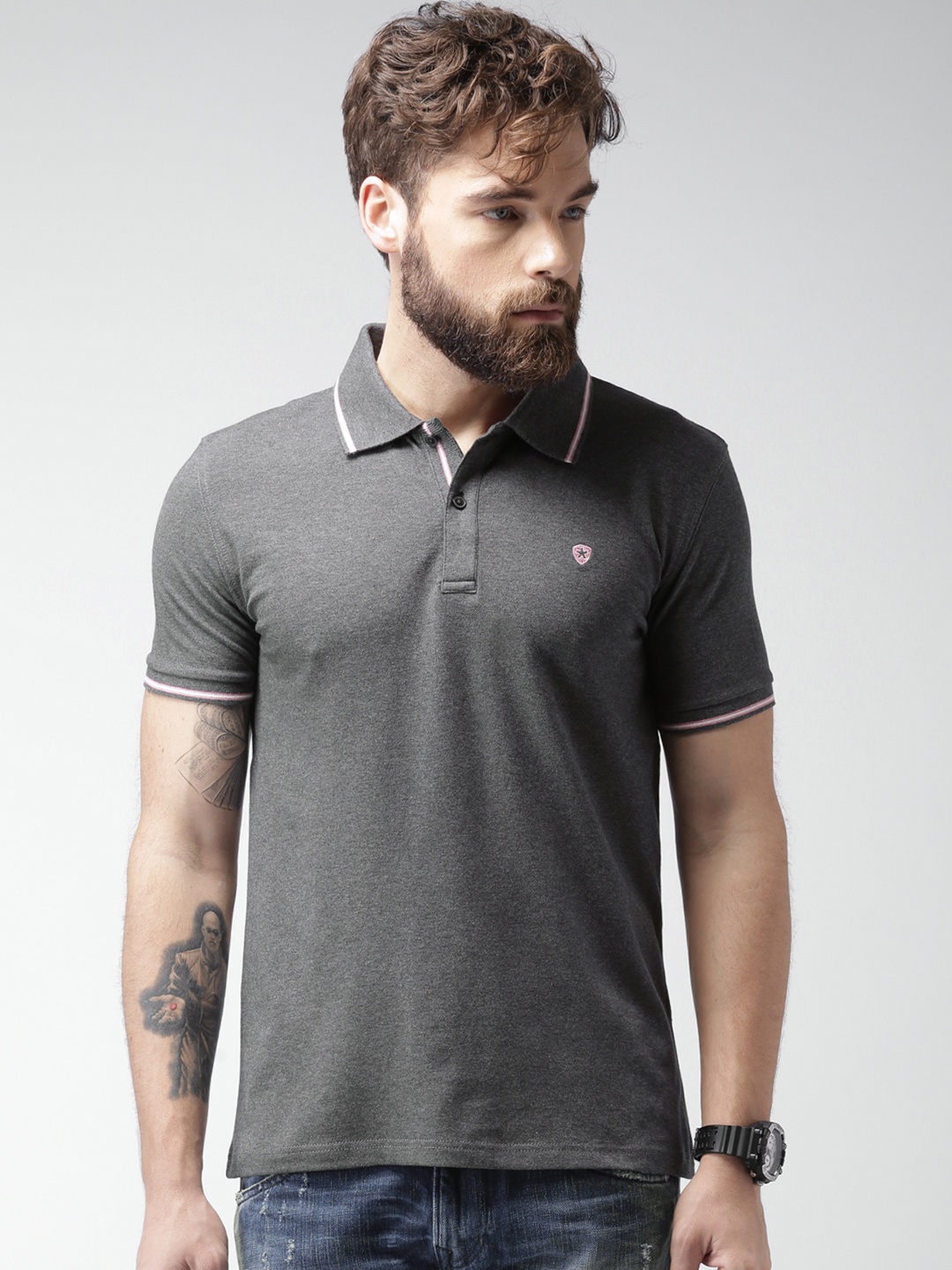 

Celio Men Charcoal Grey Solid Polo T-shirt