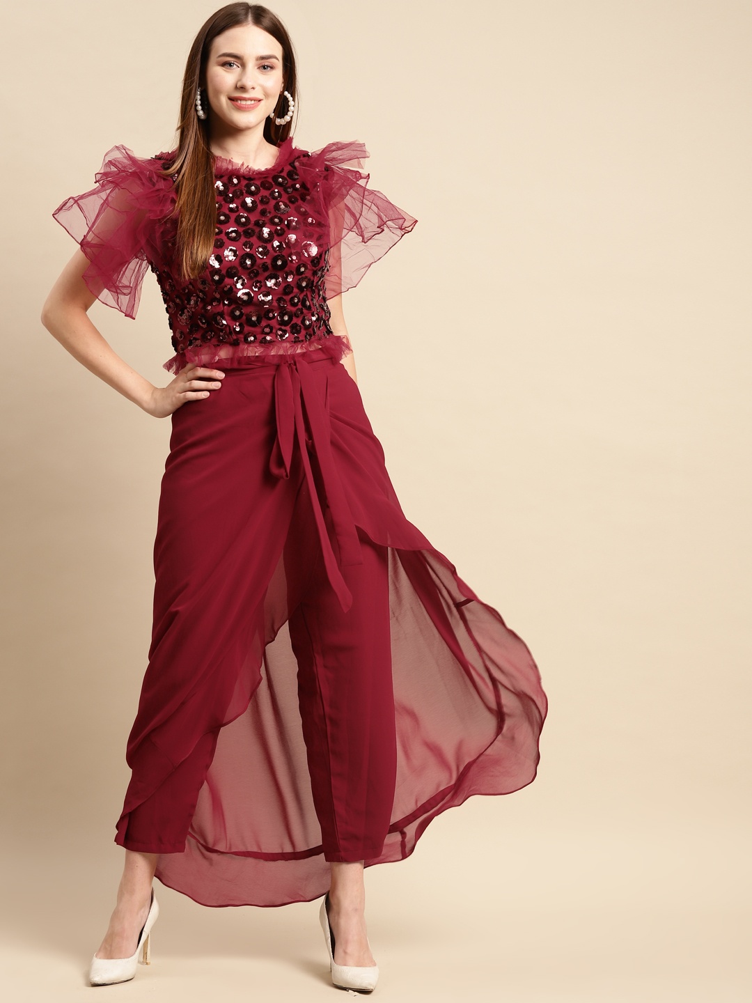 

Tikhi Imli Women Maroon Ruffled Crop Top with Ruffled Palazzo