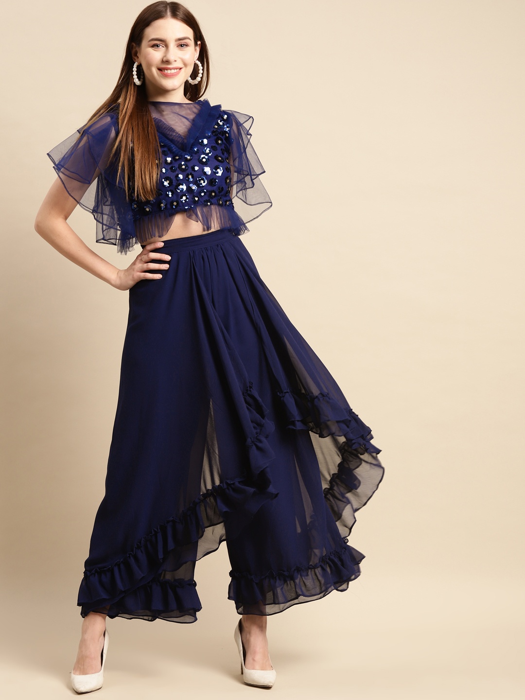 

Tikhi Imli Women Blue Ruffled Crop Top with Ruffled Palazzo