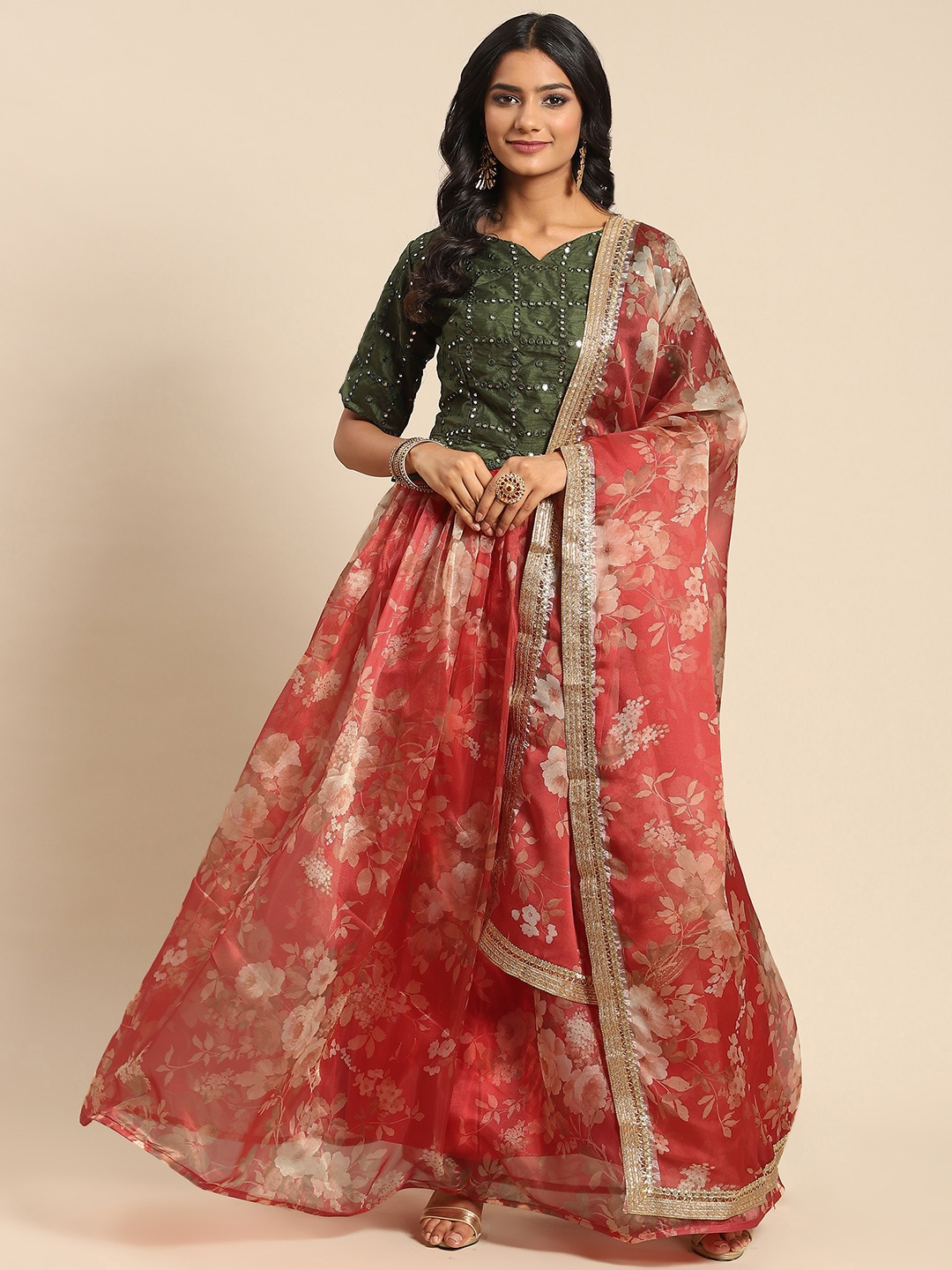 

Tikhi Imli Red & Green Embellished Mirror Work Ready to Wear Lehenga & Semi-Stitched Blouse With Dupatta