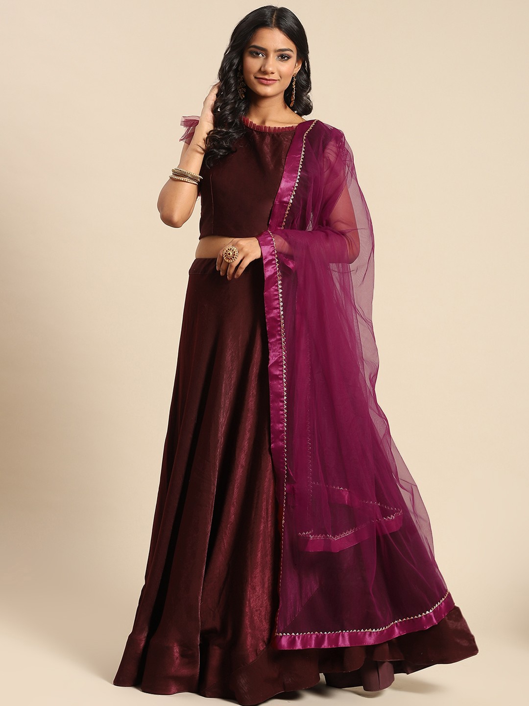 

Tikhi Imli Maroon Ready to Wear Lehenga & Semi-Stitched Blouse With Dupatta