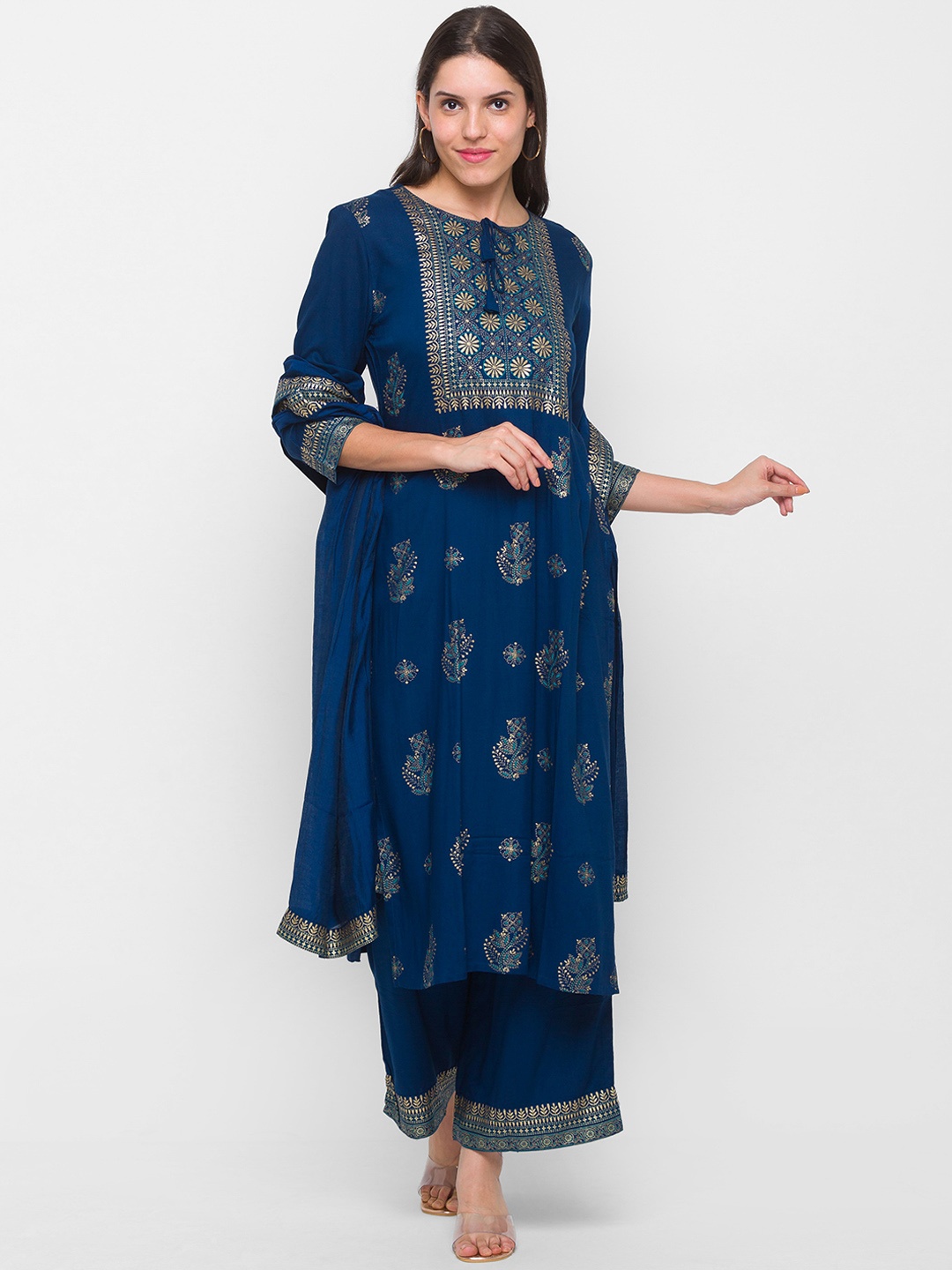 

ZOLA Women Navy Blue Ethnic Motifs Empire Kurti with Palazzos & With Dupatta