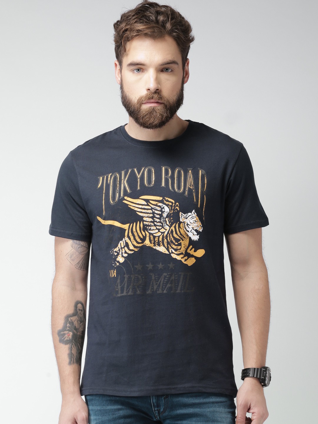 

Celio Men Navy Blue Printed Pure Cotton T-shirt