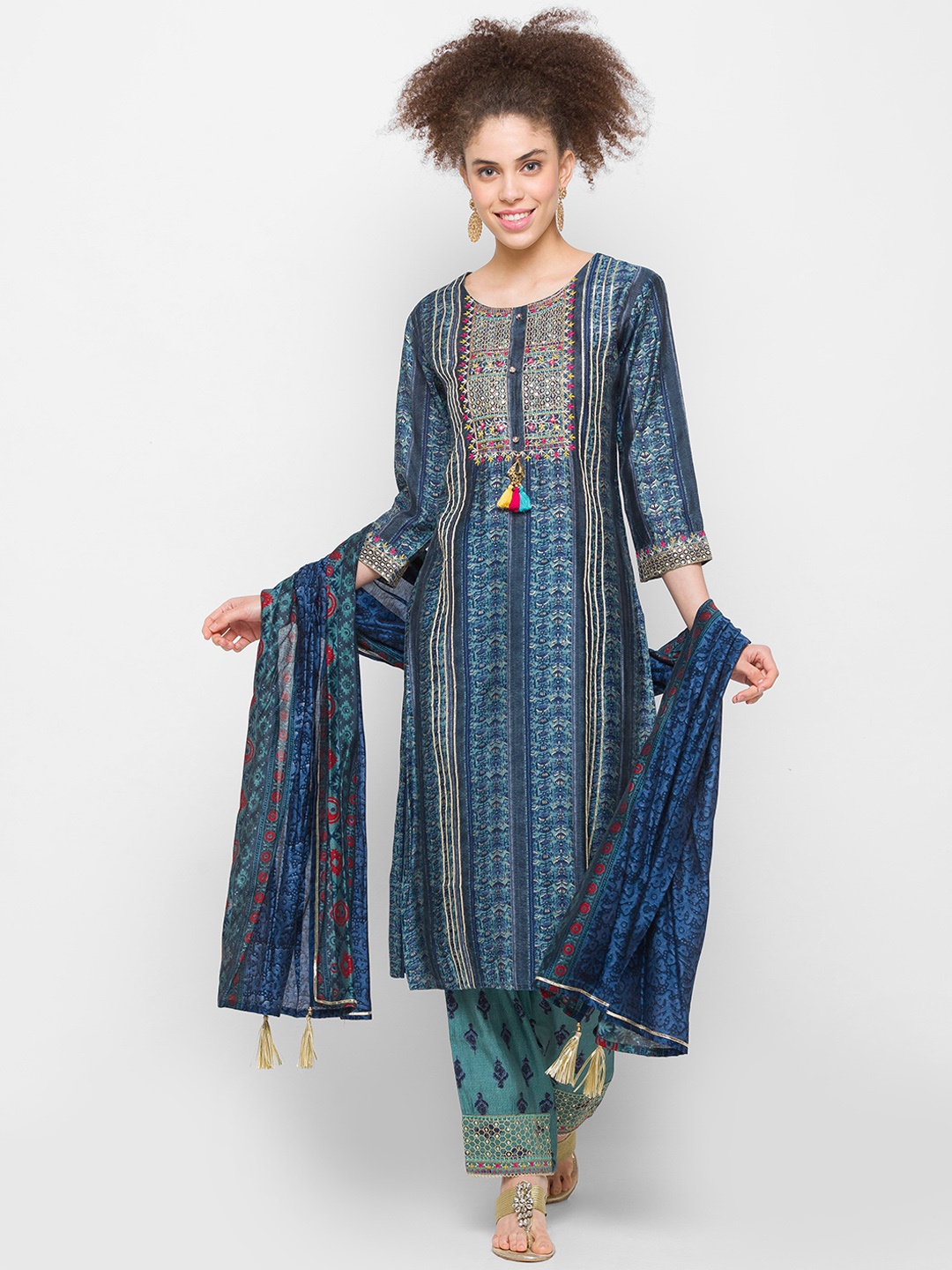 

ZOLA Women Blue Ethnic Motifs Embroidered Kurta with Trousers & With Dupatta