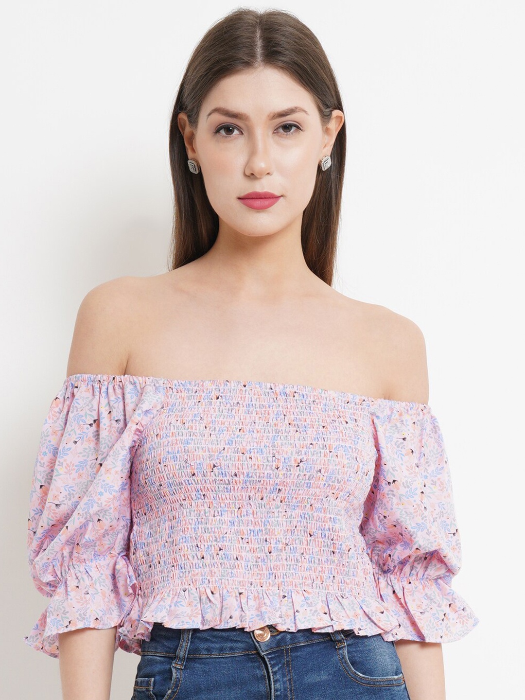 

WESTCLO Pink Floral Print Off-Shoulder Smocked Bardot Crop Top