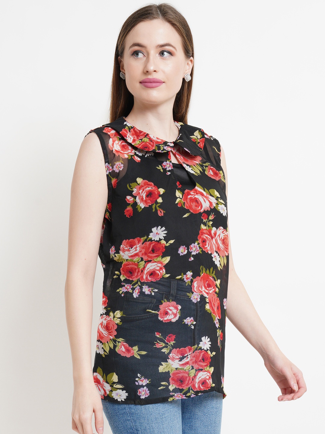 

WESTCLO Black & Red Floral Print Peter Pan Collar Georgette Top