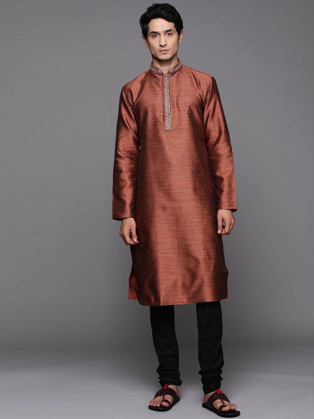 

Manu Men Maroon Ethnic Motifs Embroidered Thread Work Kurta with Churidar
