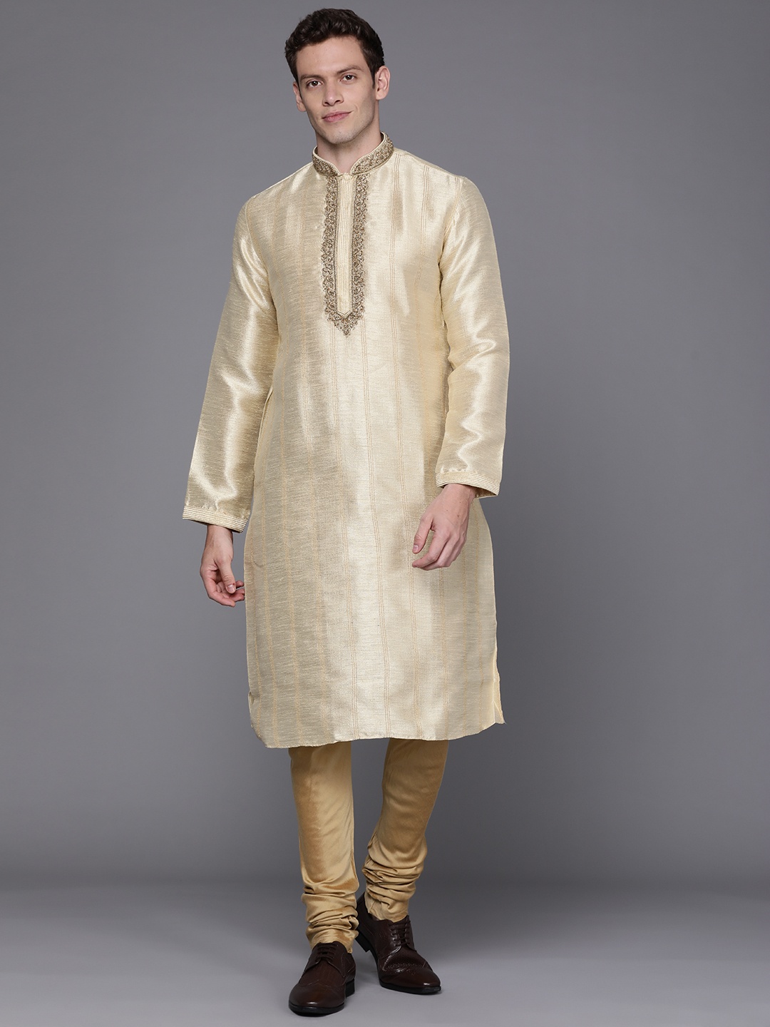 

Manu Men Beige Beads and Stones Kurta with Churidar
