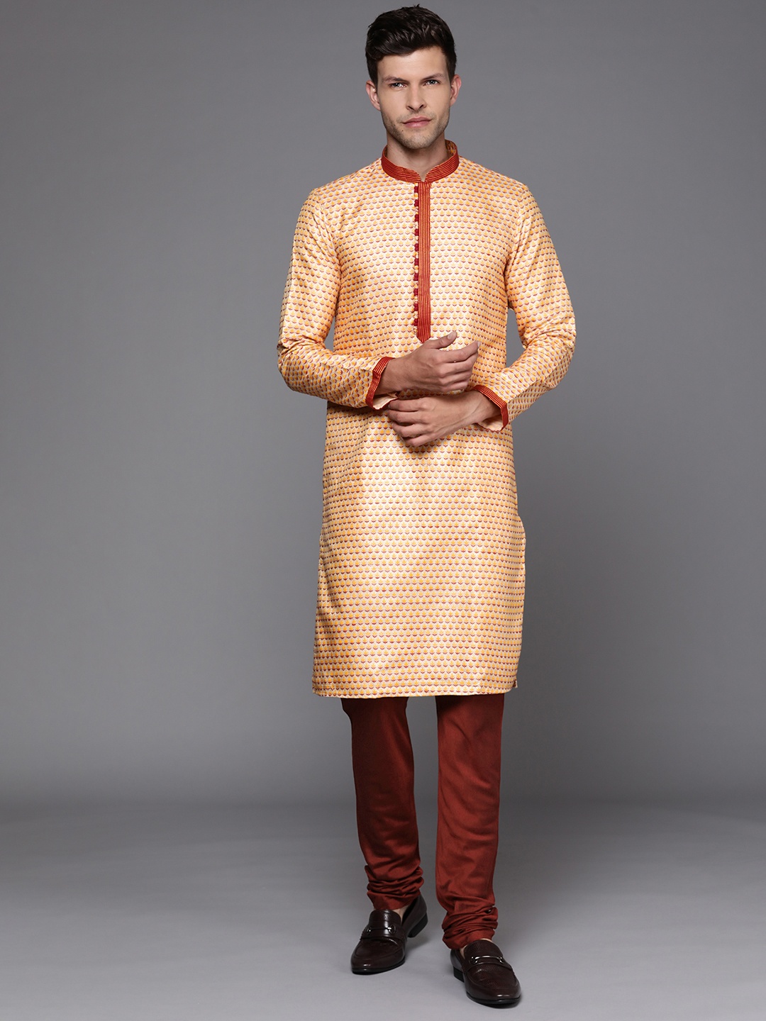 

Manu Men Yellow & Maroon Ethnic Motifs Woven Design Jacquard Kurta Churidar Set