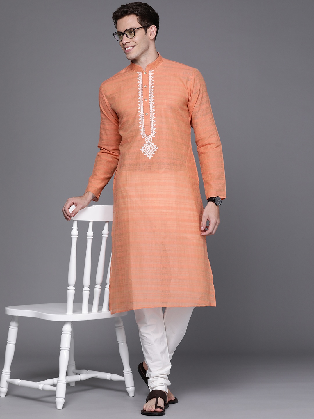 

Manu Men Coral Orange Kurta with Churidar