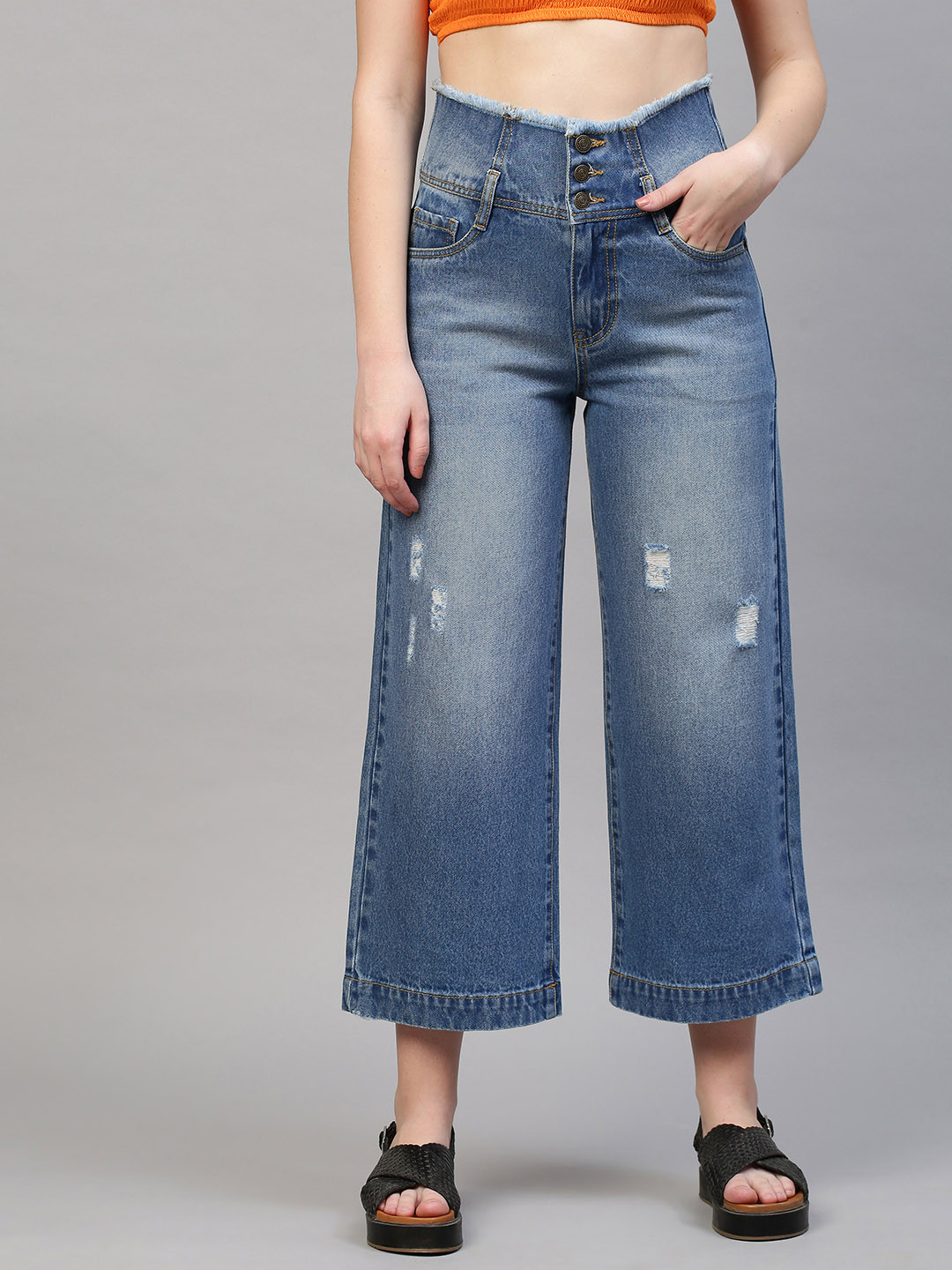 

TARAMA Women Blue Wide Leg High-Rise Low Distress Heavy Fade Jeans