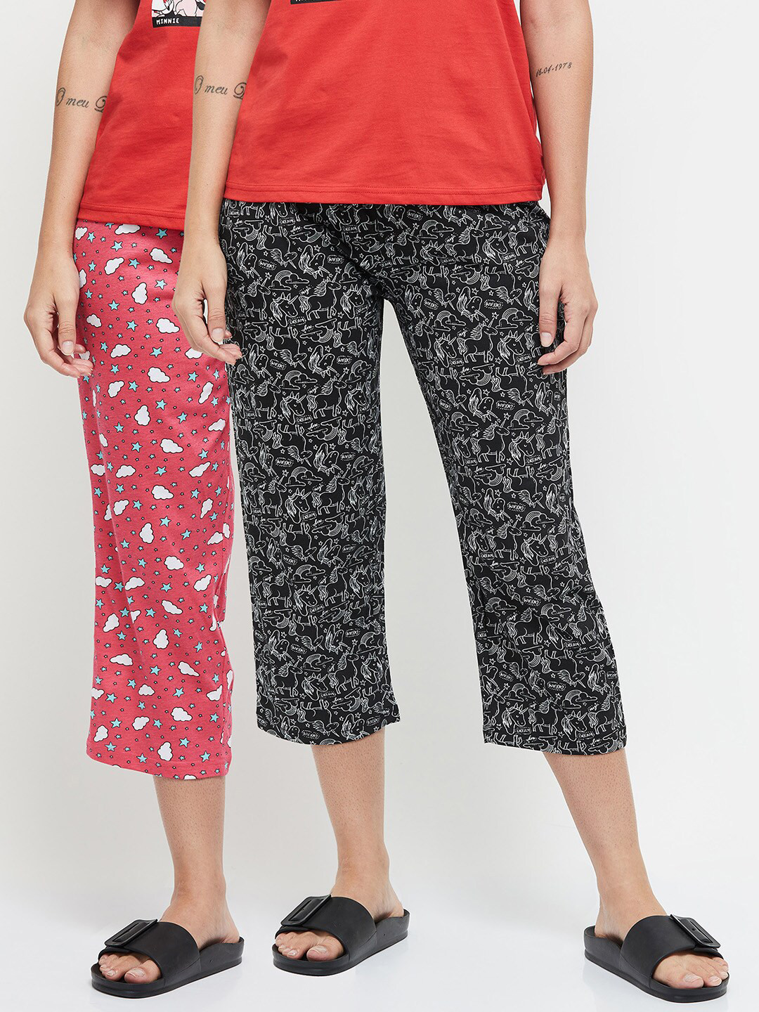 

max Women Pack Of 2 Pink & Black Pure Cotton Printed Lounge Capris