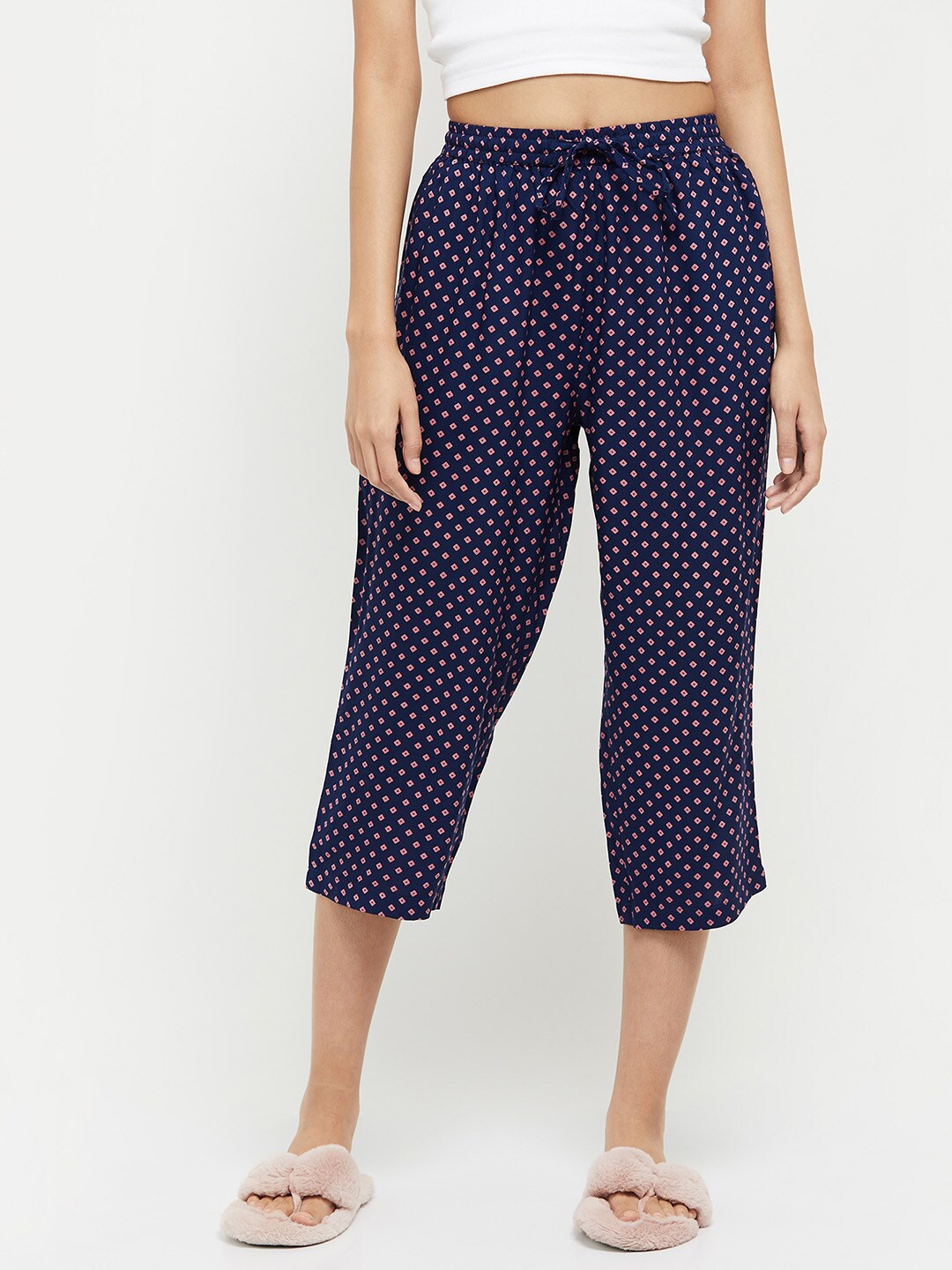 

max Women Navy Blue & Pink Printed Lounge Capris