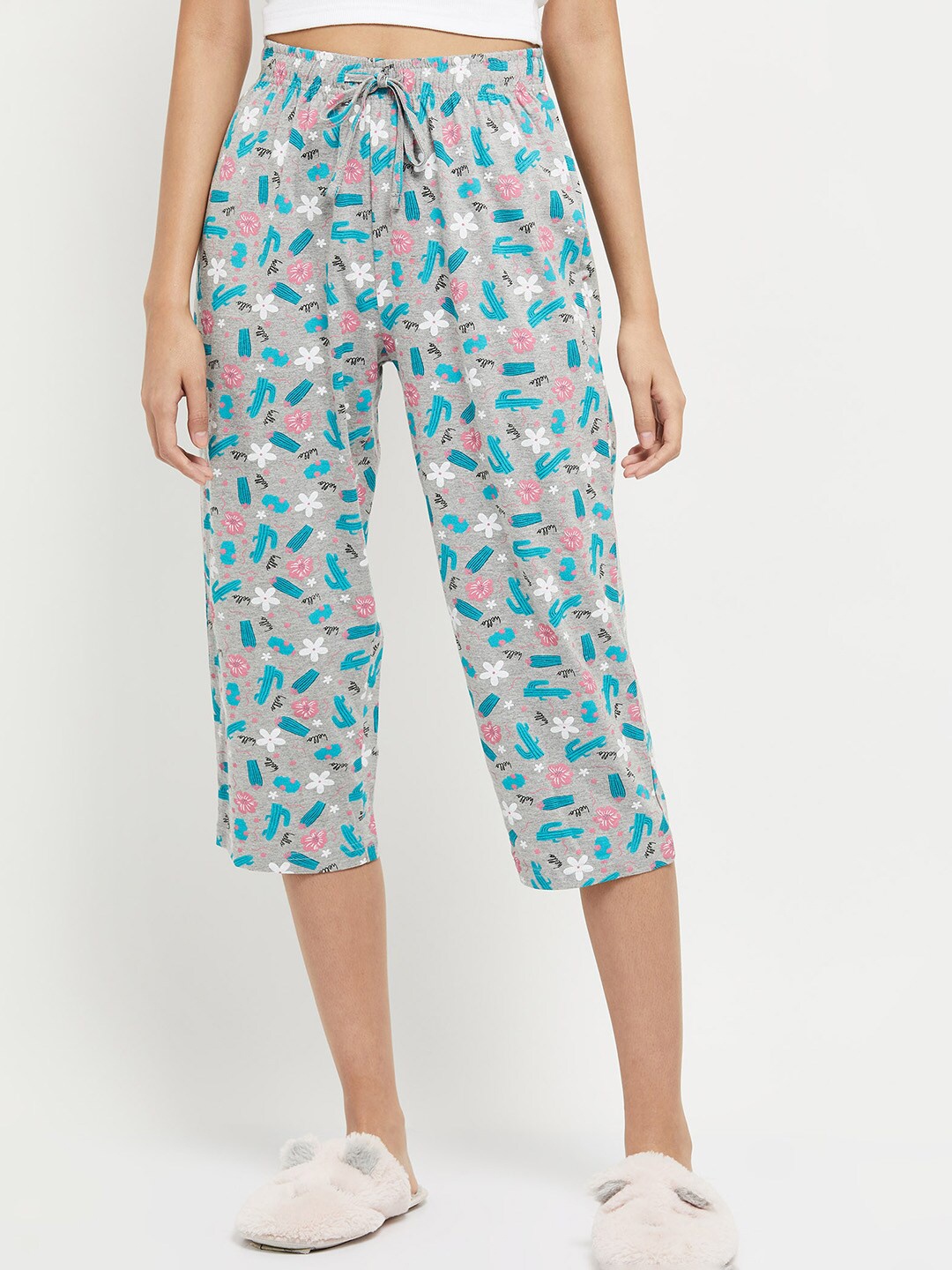

max Women Grey & Blue Printed Pure Cotton Lounge Capris