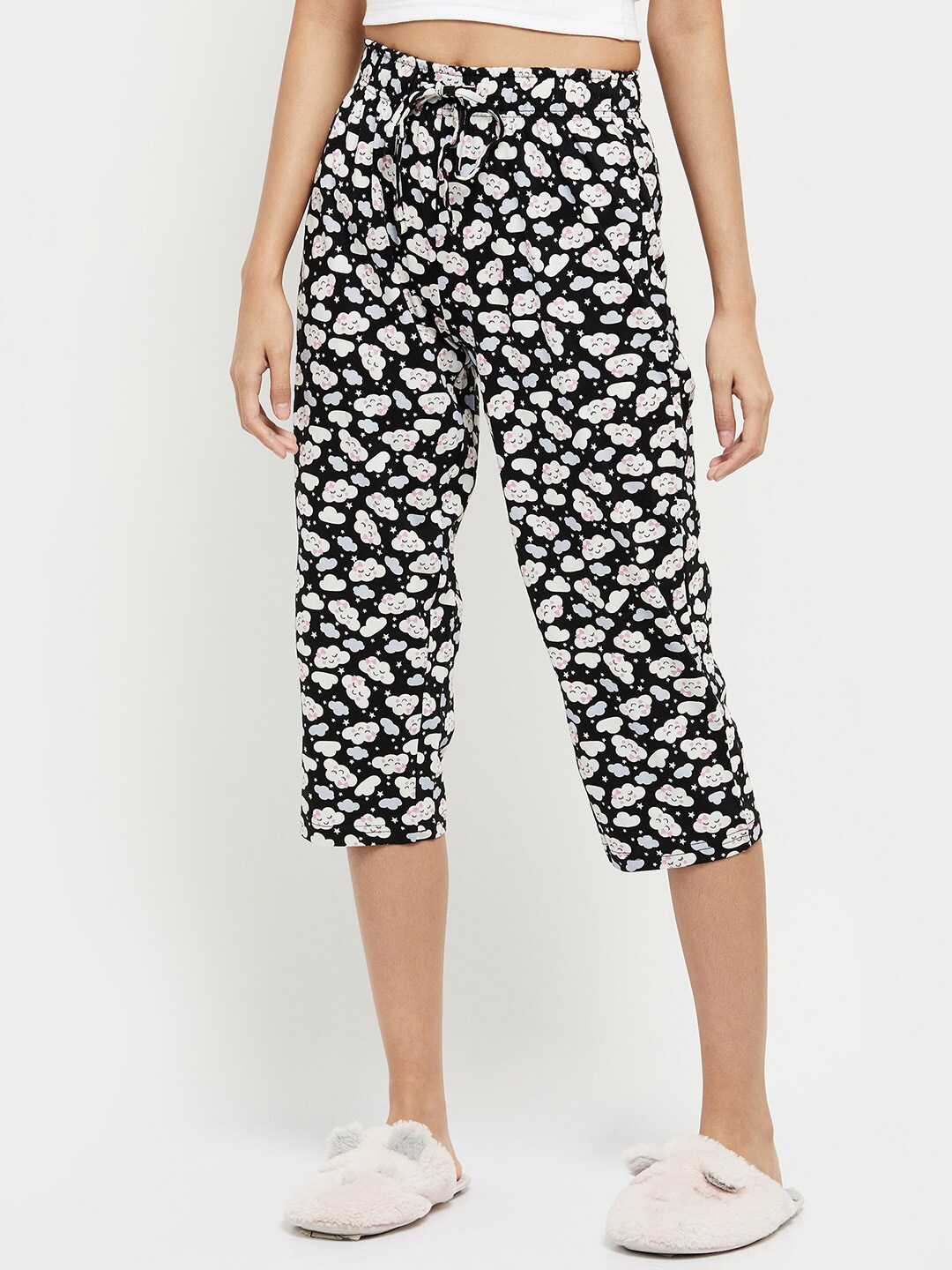 

max Women Printed Pure Cotton Lounge Capris, Black