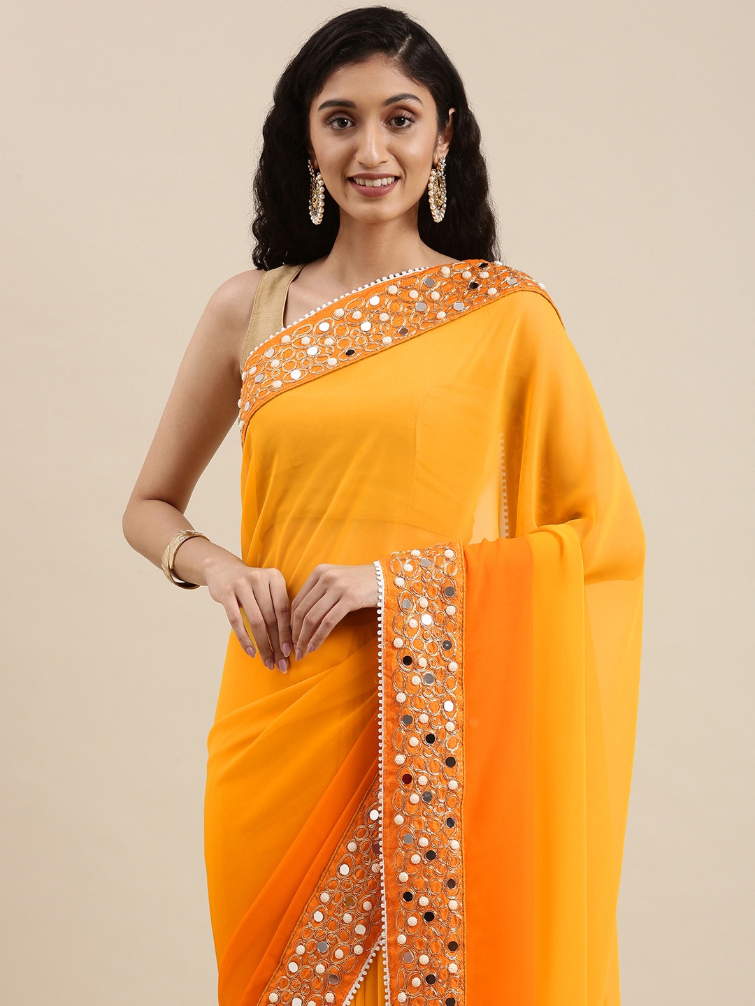 

Jashvi Creation Yellow & Orange Ombre Mirror Work Heavy Work Saree