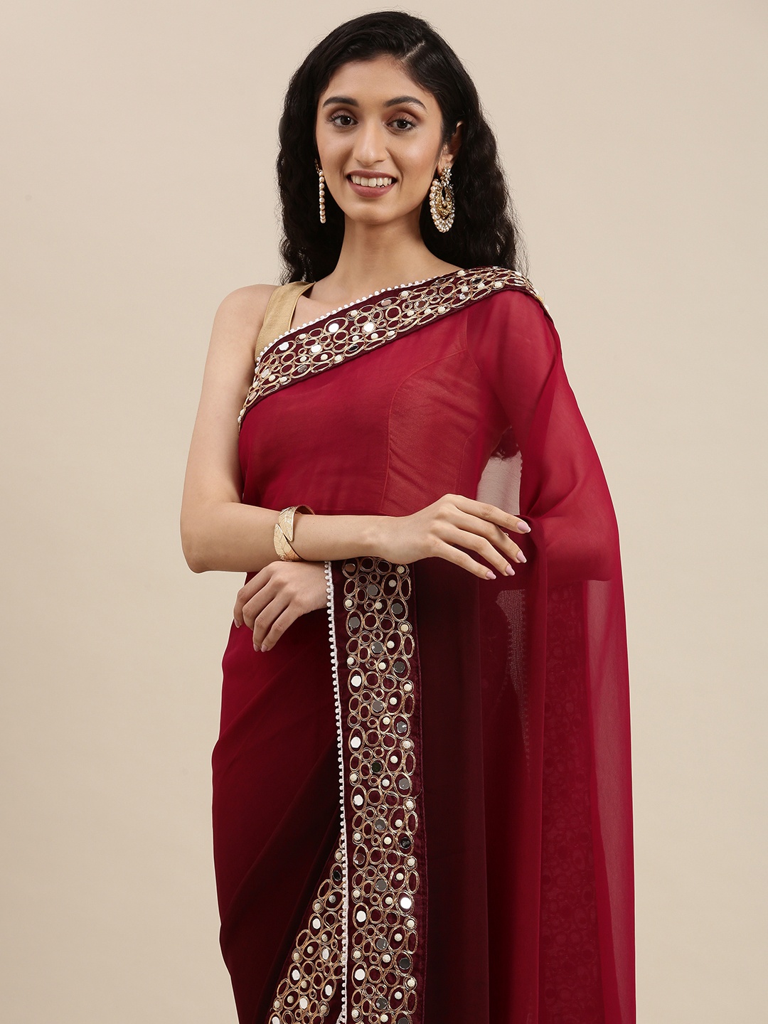 

Jashvi Creation Maroon Ombre Mirror Work Heavy Work Saree