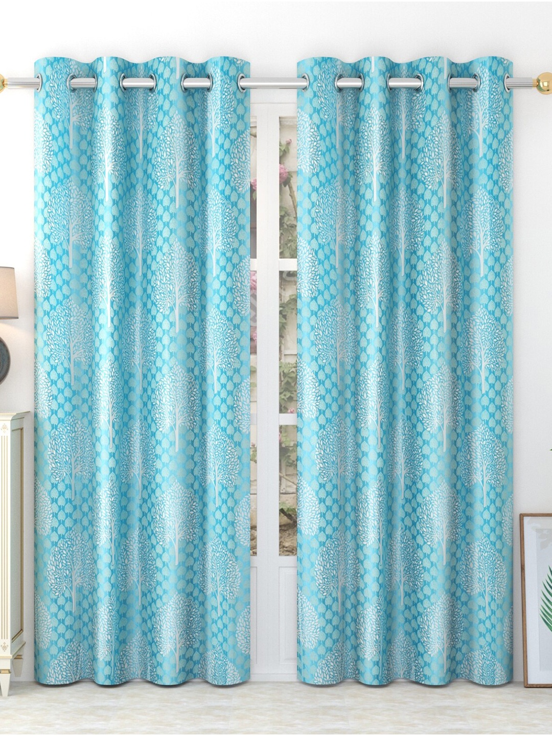 

MULTITEX Blue & White Set of 2 Floral Long Door Curtain