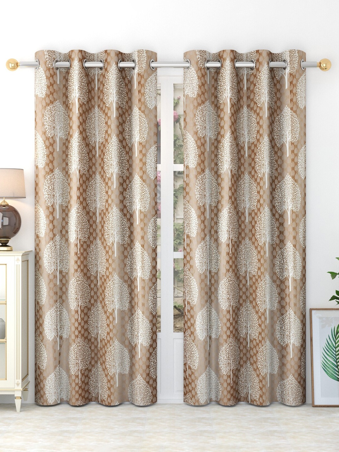 

MULTITEX Brown & White Set of 2 Floral Long Door Curtain