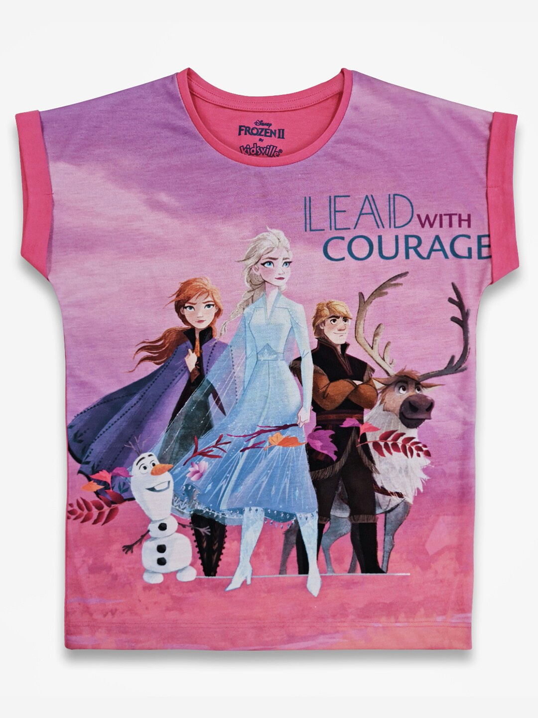 

Kids Ville Girls Pink & Blue Frozen Printed Extended Sleeves Pure Cotton T-shirt
