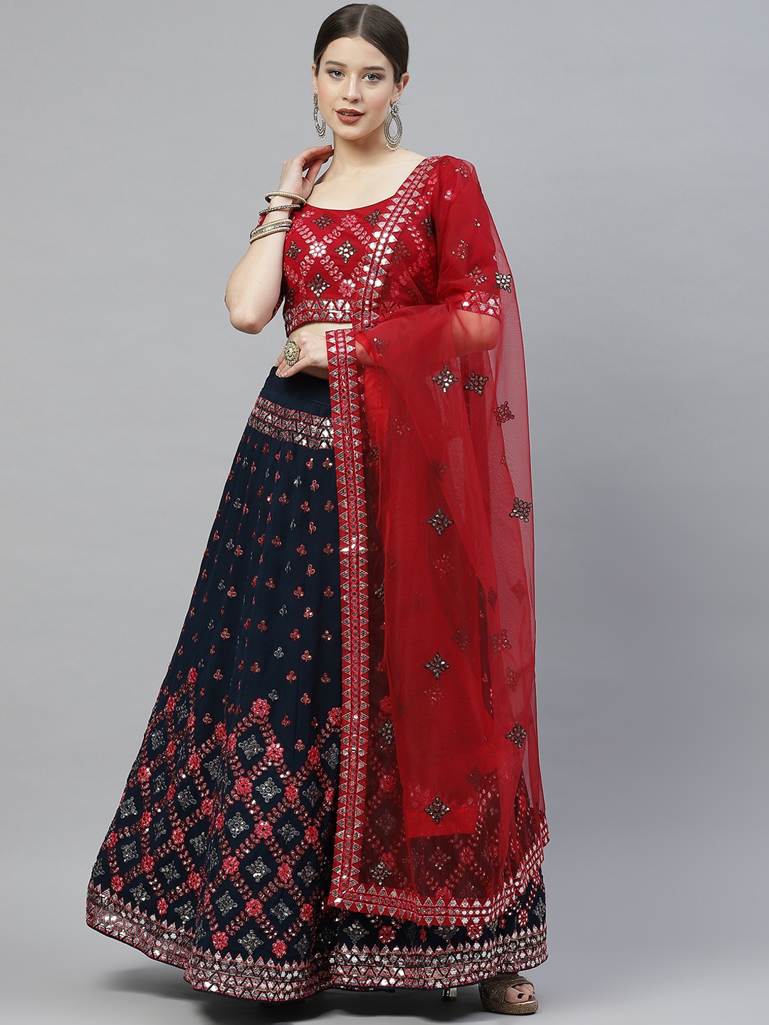 

SHUBHKALA Teal Blue & Red Semi-Stitched Lehenga & Unstitched Blouse With Dupatta