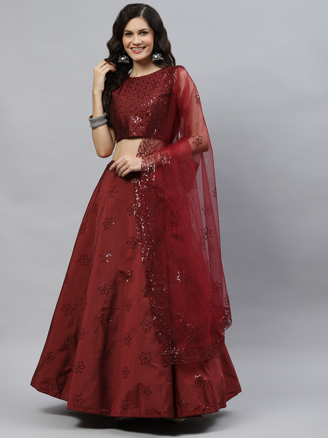 

SHUBHKALA Maroon Embellished Sequinned Semi-Stitched Lehenga & Unstitched Blouse With Dupatta