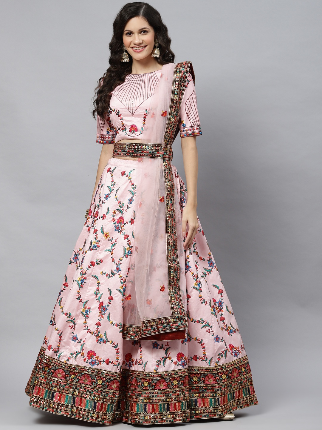 

SHUBHKALA Pink Embroidered Sequinned Semi-Stitched Lehenga & Unstitched Blouse With Dupatta