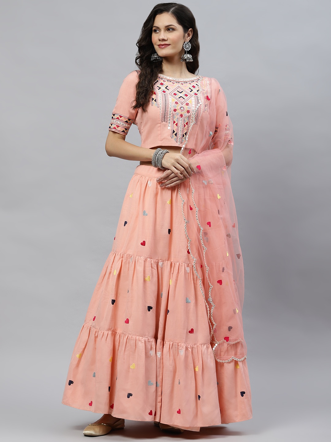 

SHUBHKALA Pink Embroidered Sequinned Semi-Stitched Lehenga & Unstitched Blouse With Dupatta