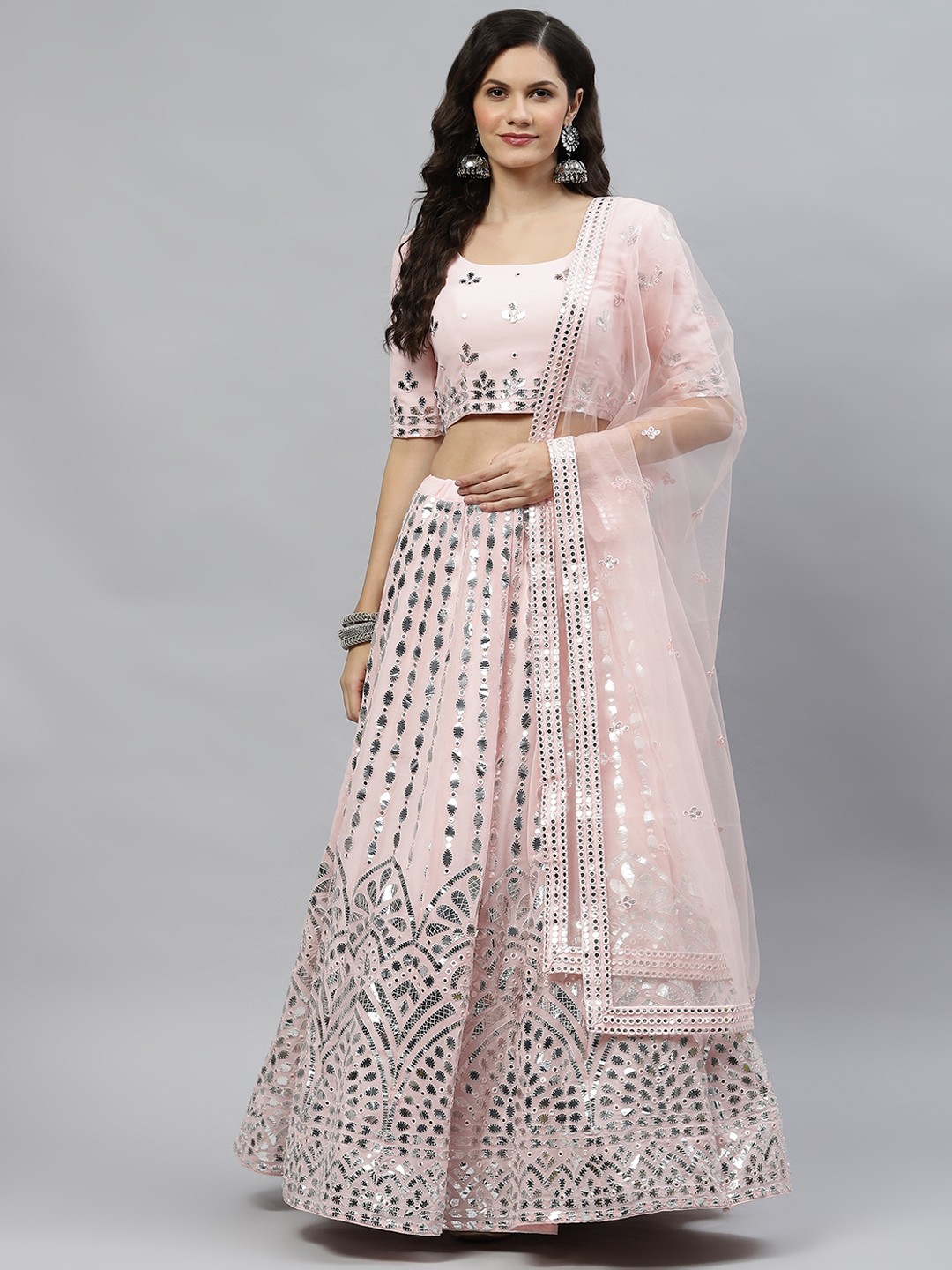 

SHUBHKALA Pink Embellished Sequinned Semi-Stitched Lehenga & Unstitched Blouse With Dupatta