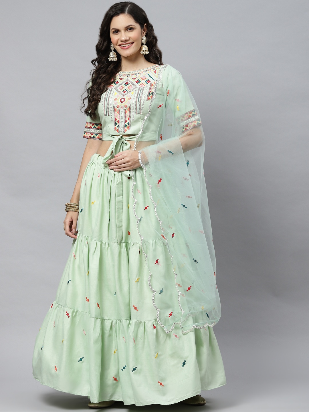 

SHUBHKALA Sea Green Embroidered Sequinned Semi-Stitched Lehenga & Unstitched Blouse With Dupatta