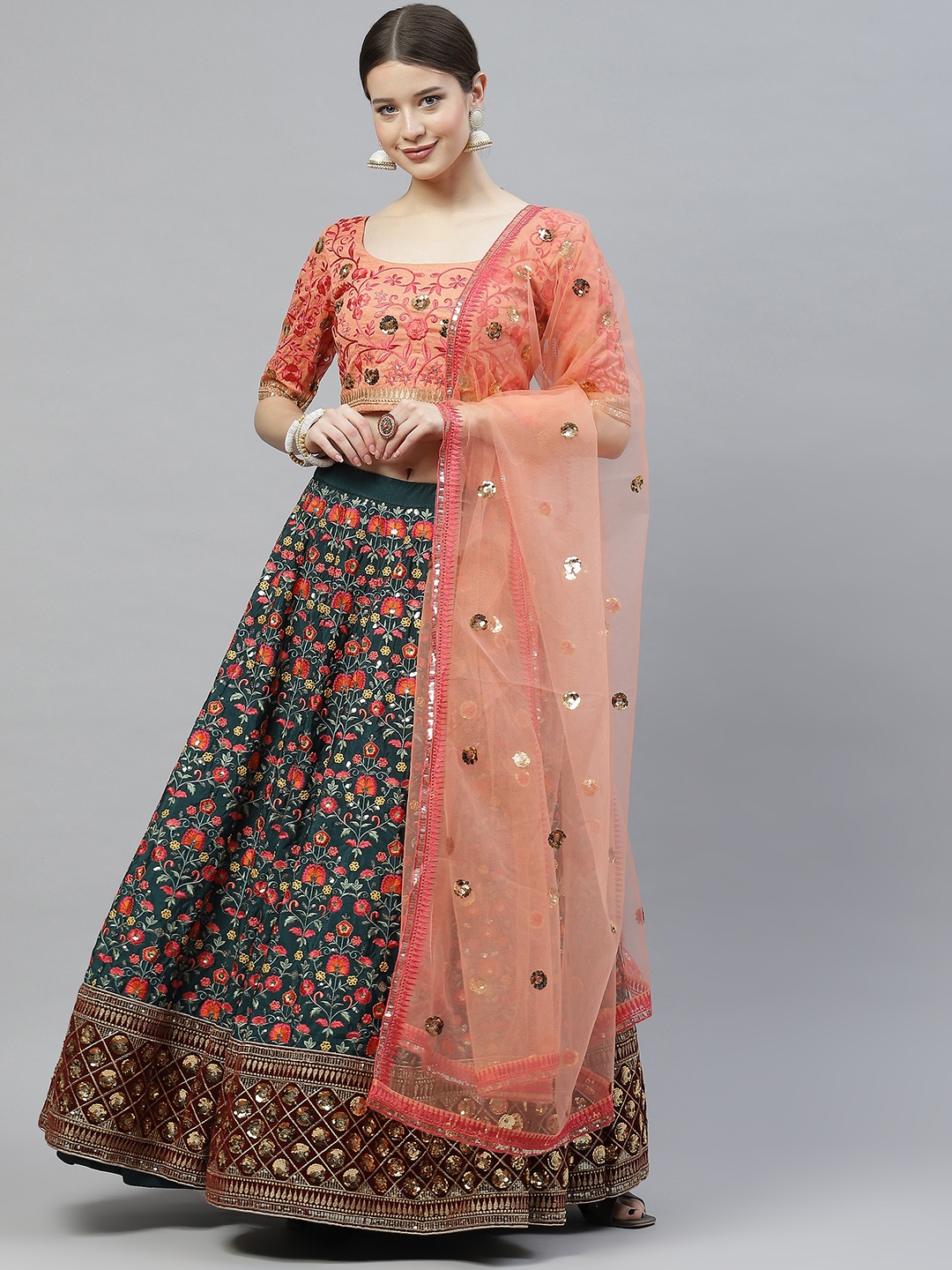 

SHUBHKALA Green & Peach-Coloured Semi-Stitched Lehenga & Unstitched Blouse With Dupatta