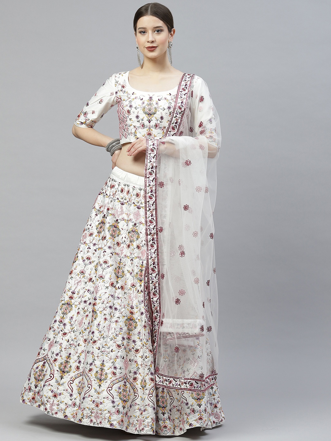 

SHUBHKALA White & Maroon Semi-Stitched Lehenga & Unstitched Blouse With Dupatta
