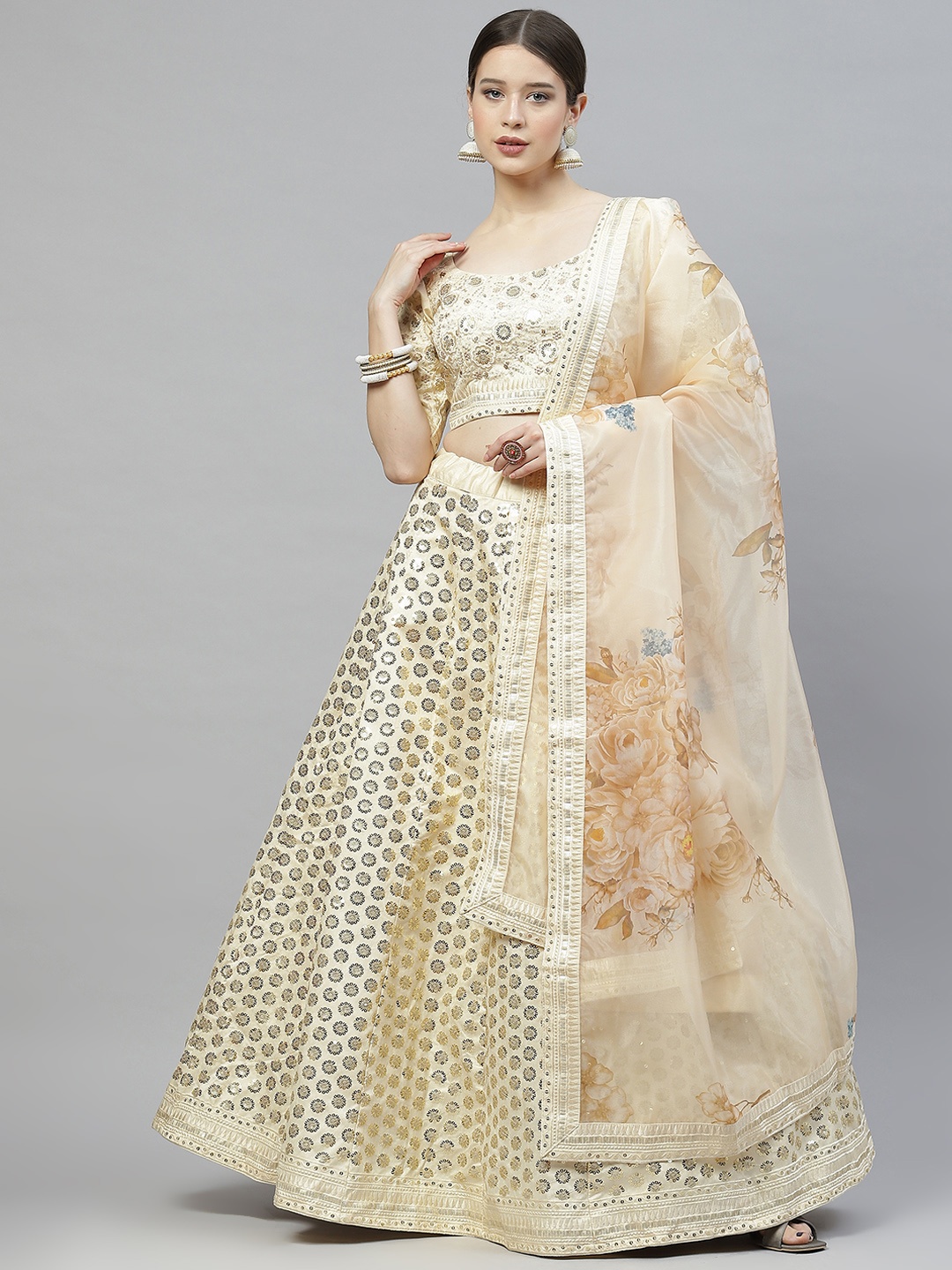 

SHUBHKALA Beige Embellished Sequinned Semi-Stitched Lehenga & Unstitched Blouse With Dupatta