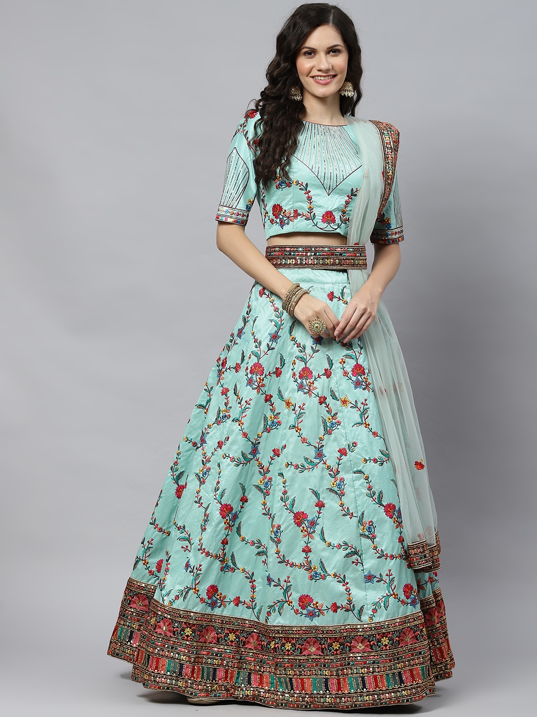 

SHUBHKALA Sea Green Embroidered Sequinned Semi-Stitched Lehenga & Unstitched Blouse With Dupatta