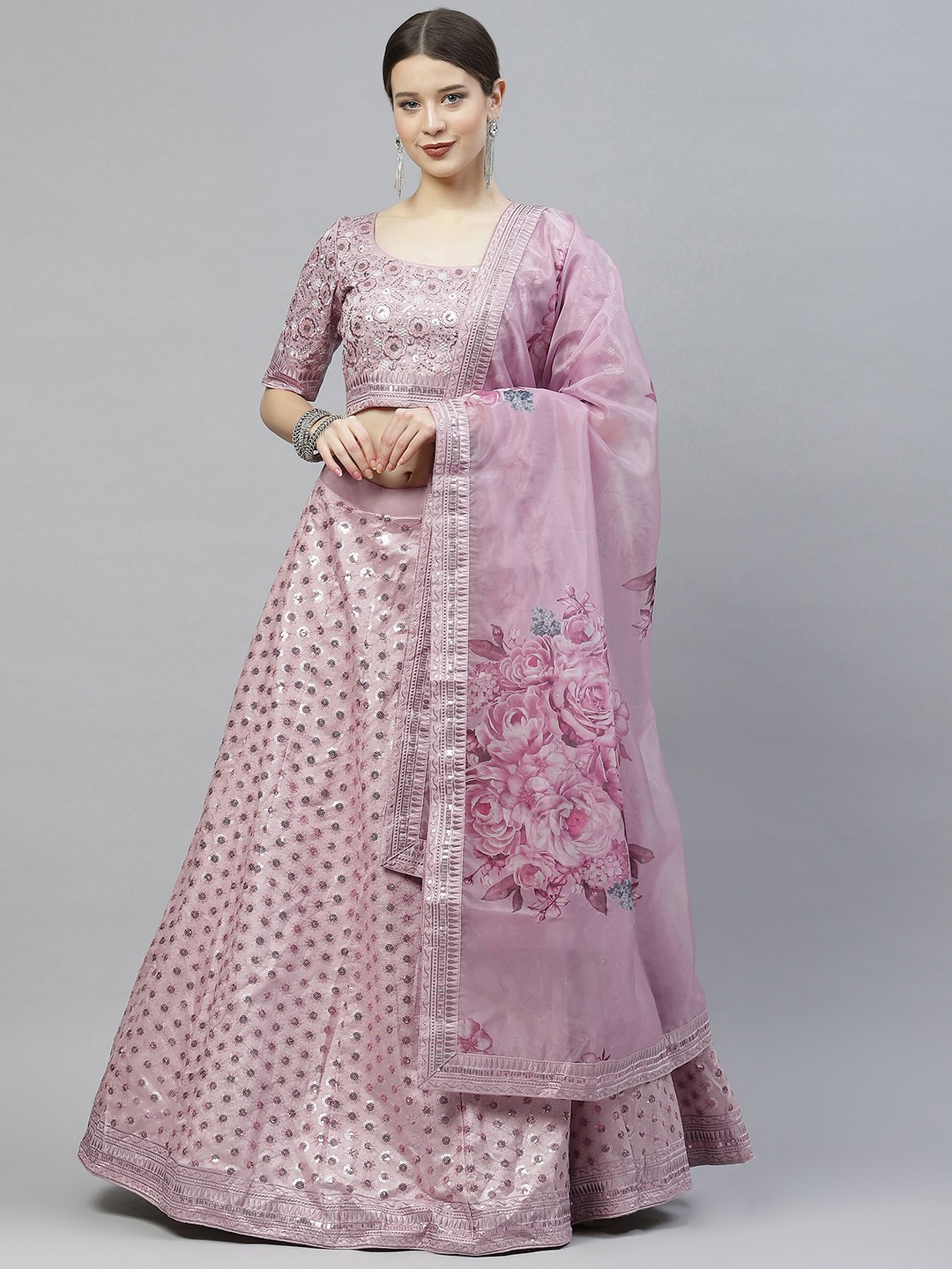 

SHUBHKALA Pink Embellished Sequinned Semi-Stitched Lehenga & Unstitched Blouse With Dupatta
