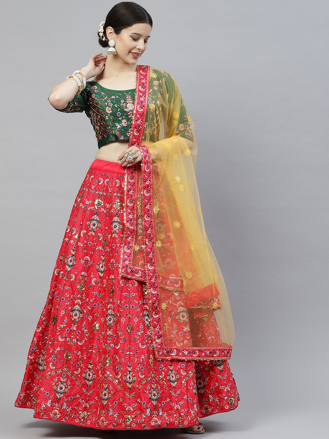 

SHUBHKALA Red & Green Embroidered Sequinned Semi-Stitched Lehenga & Unstitched Blouse With Dupatta